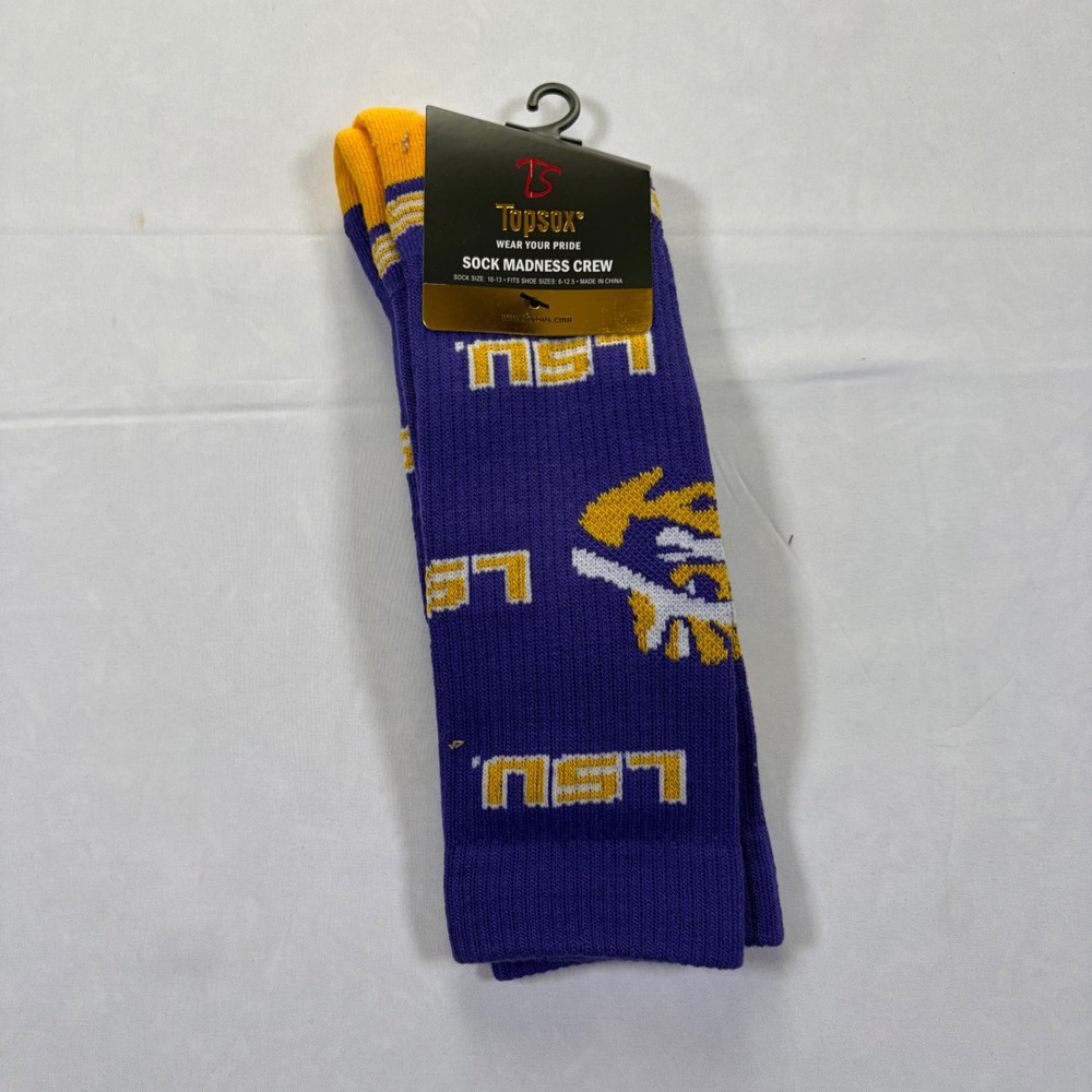 Topsox LSU Tigers Sock Madness Crew Purple Gold Athletic Socks Mens 6-12.5 NEW